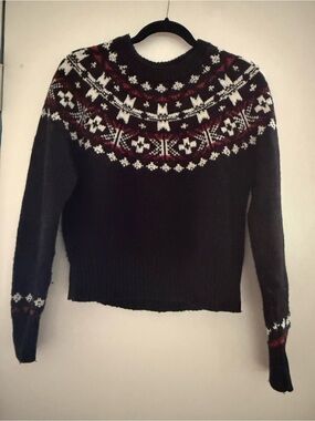 Ralph Lauren Black Fair Isle Crewneck Sweater with White & Burgundy Accents